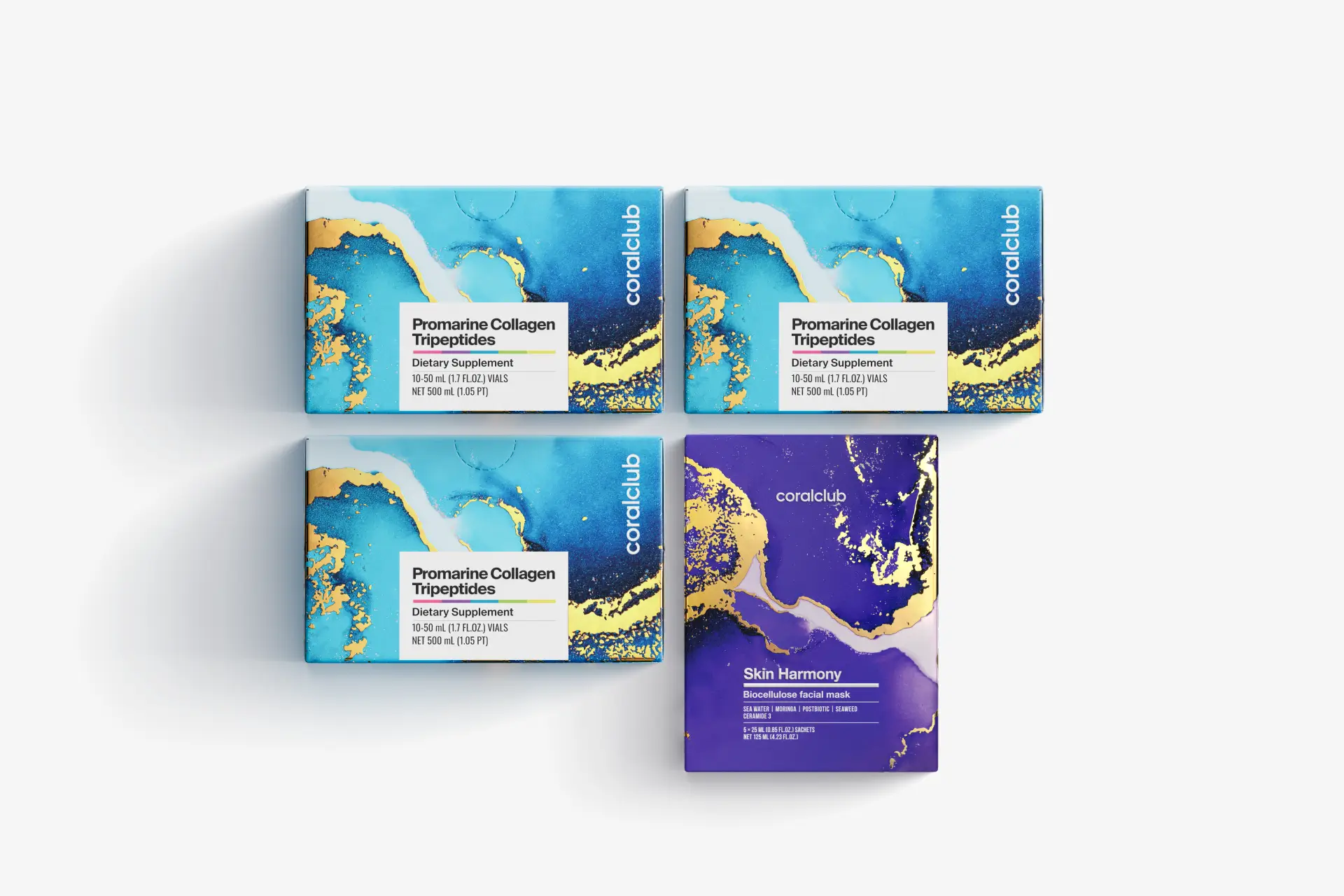 Pack Promarin Collagen Tripeptides Set (curso de 1 mes) y mascarillas faciales de biocelulosa Skin Harmony (5 sobres)